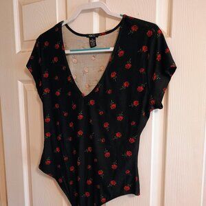 Rue 21 Black Red Rose Womens Bodysuit, XL, V Neck, New